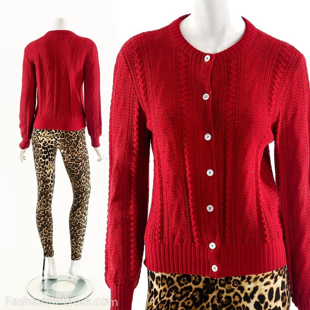 Red Cardigan Sweater,Cable Knit Sweater,50s Retro Sweater,Ugly Christmas Sweater